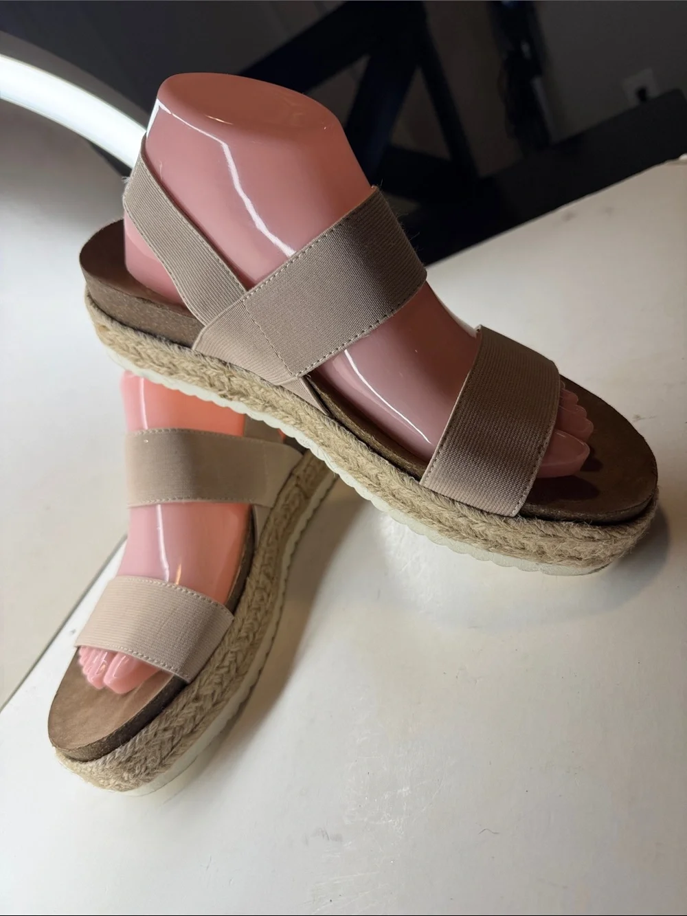 Neutral Elastic Strap Espadrille Wedge Sandals - Beige